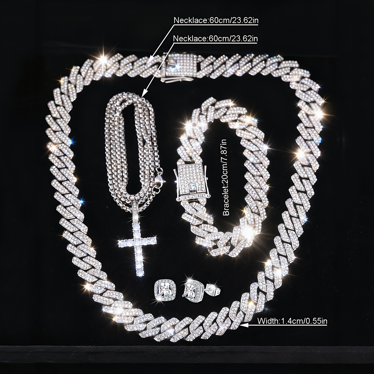 4pcs Classic Cuban Chains Necklace & Bracelet Set with Cross Pendant